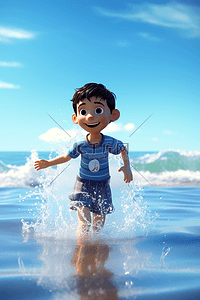 小男孩海边玩耍插画图片_夏天夏季小男孩在大海边玩耍