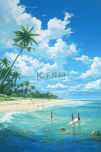 夏日沙滩插画图片_夏天沙滩大海风景治愈卡通插画