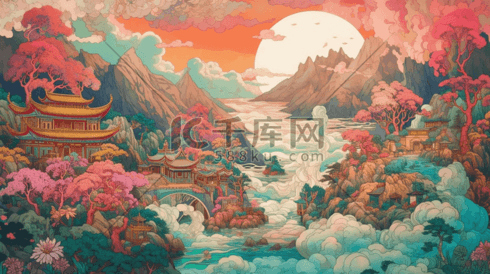 国潮中国风敦煌山水壁画插画背景