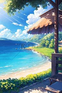 夏日海滩插画图片_夏日清新治愈沙滩度假村插画