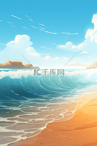 卡通大海插画图片_大海的海浪拍打在沙滩上