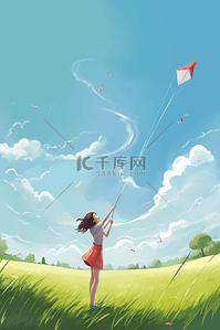 平面女孩插画图片_在草坪上放风筝的女孩