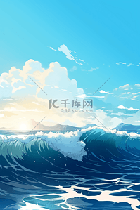 海浪大海插画图片_大海的海浪拍打在沙滩上