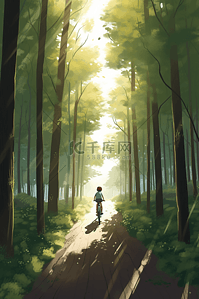 树林的插画图片_在树林的小路里骑自行车