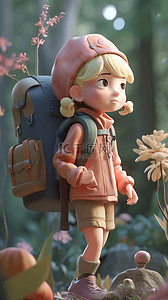 一个背着背包和鲜花的卡通女孩3D数字艺术