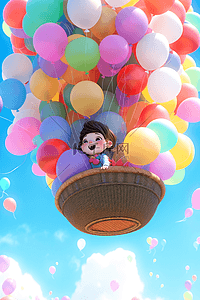 气球插画图片_一个卡通可爱小女孩坐在气球上空中