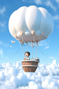 圆弧热气球插画图片_一个小女孩卡通场景3d立体热气球空中