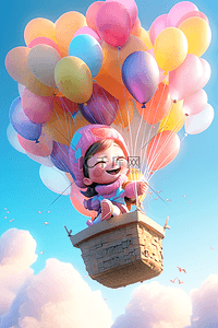 一个卡通可爱小女孩坐在气球上空中