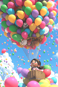 立体底纹插画图片_一个小女孩卡通场景3d立体气球