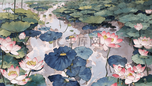 夏天水墨画插画图片_古风水墨画池塘里的莲花荷叶