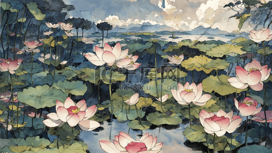 古风水墨画池塘里的莲花荷叶