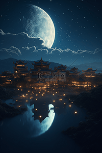 国潮中国古代建筑夜晚插画
