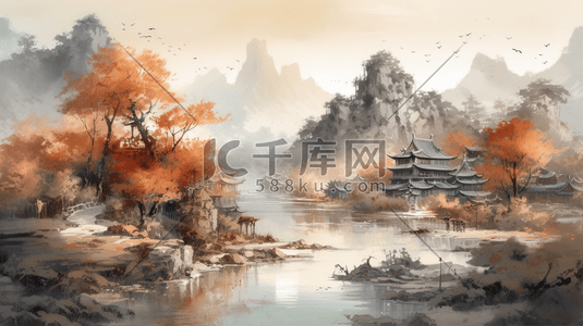 中国风大气彩墨山水画