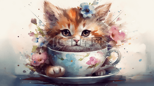 茶杯碎块插画图片_水彩风可爱的萌宠茶杯小猫