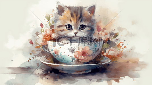水彩风可爱的萌宠茶杯小猫