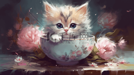 陶瓷茶杯插画图片_水彩风可爱的萌宠茶杯小猫