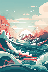 创意水彩海浪海洋插图