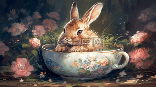 茶杯碎块插画图片_可爱的萌宠茶杯小兔子
