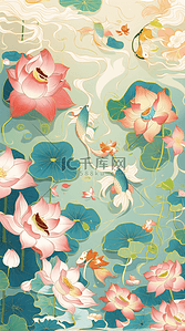 莲花文字插画图片_国潮手绘鲤鱼莲花图