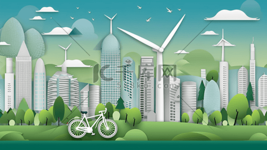 新能源logo插画图片_剪纸风格新能源绿色健康城市