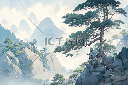 风景黄山风景插画图片_黄山迎客松风景水彩松树风光墨绿色