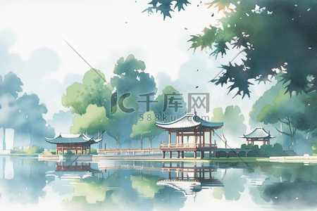 欢迎来到杭州插画图片_杭州西湖风景水彩凉亭流水树木远景