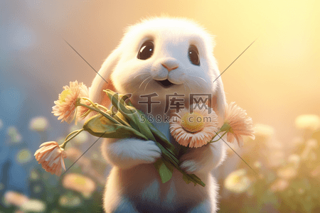 白色木纹插画图片_一只拿着花白色长毛的毛绒卡通小白兔垂耳兔