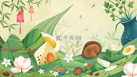 美食文字插画图片_端午节粽子鸡蛋传统美食插画
