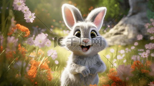 卡通3d兔子插画图片_一只卡通可爱的3D毛绒兔子形象在草地上