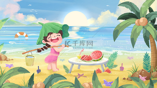 海边插画图片_夏天海边女孩沙滩上开心玩耍吃西瓜