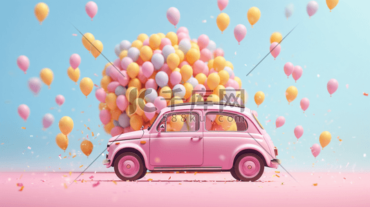 汽车背景插画图片_可爱的粉色汽车出行