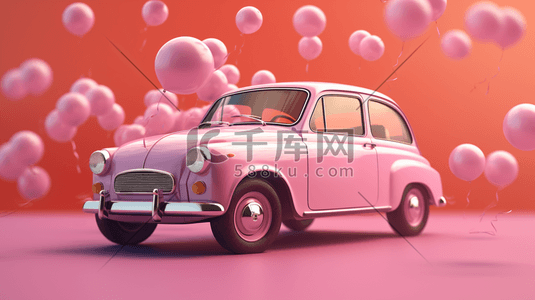 浪漫婚车插画图片_可爱的粉色汽车出行