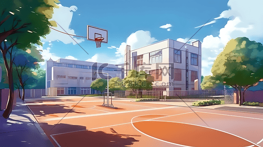 校园插画学校篮球场场景