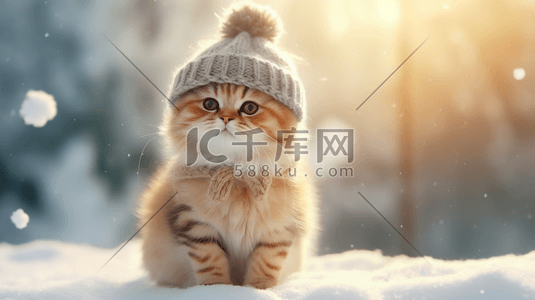 可爱卡通动物CG插画雪中小猫