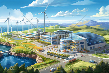 新能源风力发电乡村城市高山海洋场景插画