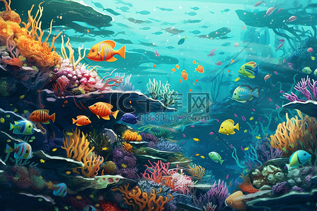 海洋生物插画图片_奇幻海底世界海洋生物五彩斑斓丰富物种插画