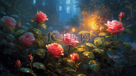 玫瑰雪蛤木瓜插画图片_花园里的玫瑰闪烁的光线夜景