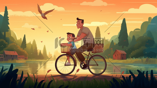 爱在父亲节插画图片_一个小男孩和父亲在湖边骑自行车的卡通片