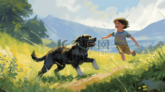 追逐插画图片_一只狗在山坡上追逐一个孩子
