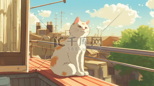 豪宅阳台插画图片_一只猫睡在阳台上晒太阳