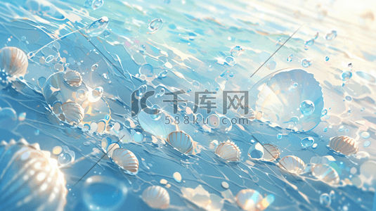 文字气泡排版插画图片_蓝色和绿色的海贝壳和散落的珍珠梦幻唯美3D图插画