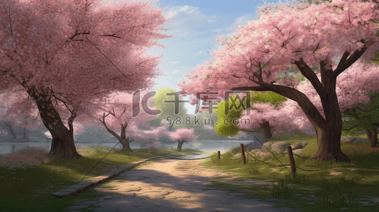 春季樱花树插画图片_春季樱花树景色数字艺术插画