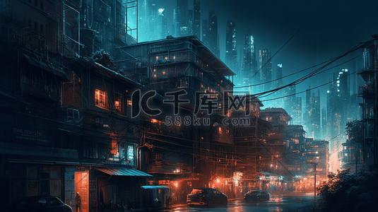 城市线条插画图片_蓝色科技城市夜景数字艺术插画