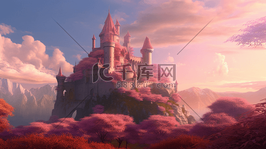 粉色城堡插画图片_梦幻城堡数字艺术插画