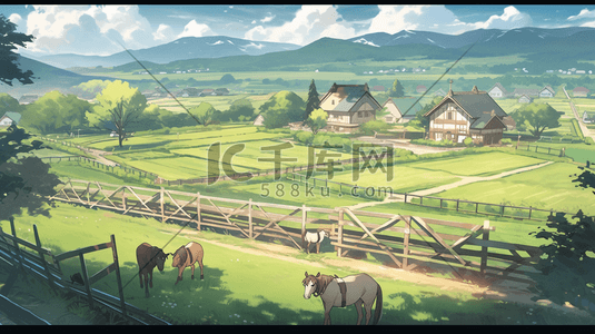 农场栅栏插画图片_唯美卡通农场和绿色的山丘插画