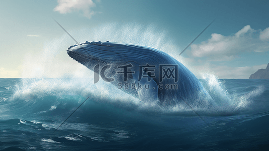梦幻动物梦幻鲸鱼插画图片_跃出海面的巨大蓝鲸插画