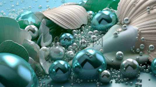 梦幻唯美蓝色和绿色的海贝壳和散落的珍珠3D图插画