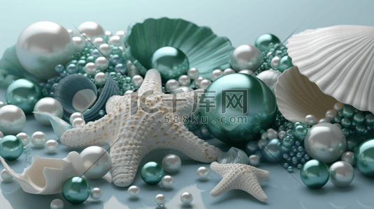 唯美贝壳插画图片_梦幻唯美蓝色和绿色的海贝壳和散落的珍珠3D图插画