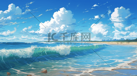 海滩插画图片_夏天蓝天白云清新明亮大海海滩海洋