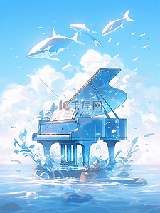 蓝色商务c4d插画图片_唯美钢琴在牛奶云朵里C4DOC渲染